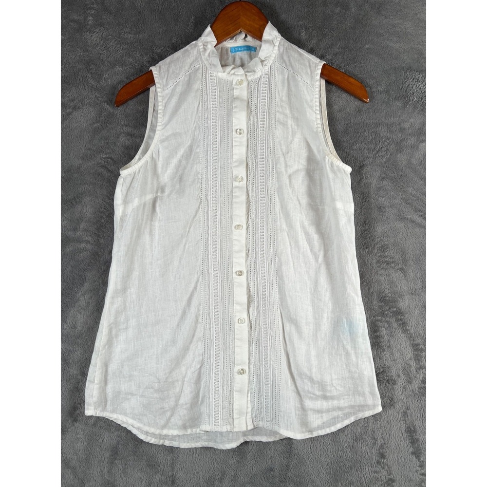 J McLaughlin Linen Top Womens XS White Ruffle Collar Crochet Button Up Cottage